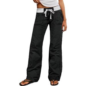 Flamingals Straight Leg Pants for Women Drawstring Waist Mid Rise Casual Solid Seam Detail Pants Black M