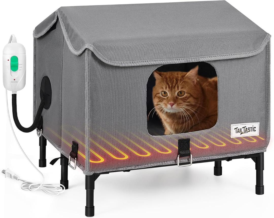 Heated Outdoor Cat House,Weather-Resistant Insulated Cat Shelter with Elevated Stand,Winter-Ready for Stray Cats, No Assembly Needed,17"x15"x13" (Grey)