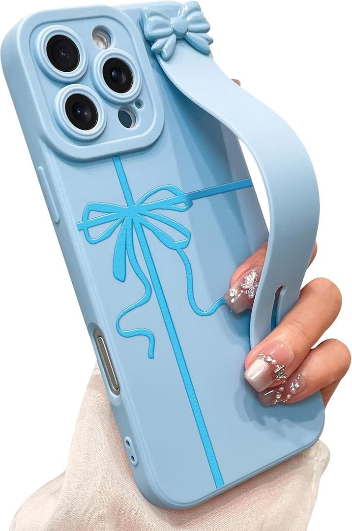 for iPhone 16 Pro Max Case with Wrist Strap Elegant Bow Ribbon Design with Adjustable Wristband Kickstand Shockproof Soft TPU Camera Protection Phone Cover for Women Girls - Blue Ribbon