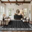 Rugxara 8x10 Washable Area Rug for Living Room, Extra Large Black Vintage Boho Rugs for Office, Kids Room, Farmhouse, Durable Low Pile Non Slip Carpet for High Traffic AreasBlack 8x10