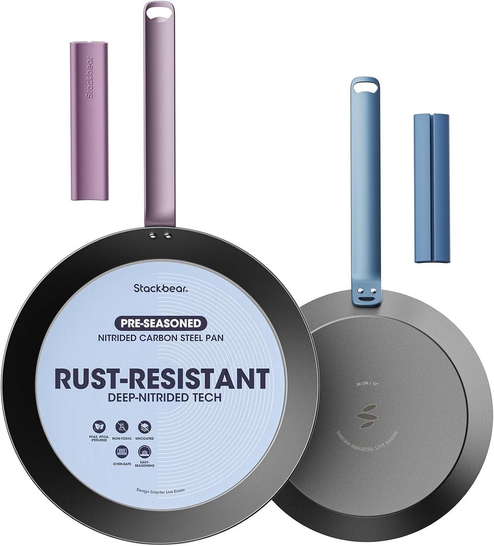 Carbon Steel Frying Pan Set, 10 & 12 Inch Nitrided Skillets | Multiple Cooking Sizes with Natural Patina Development; Ideal for Daily Cooking & High-heat Recipes