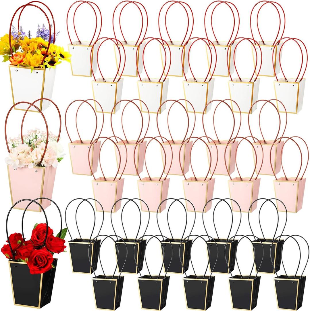 Geelin 30 Pack Flower Paper Gift Bag - Bouquet Portable Flower Handbag Waterproof Box with Handles for Arrangements - Wedding Gift Florist Bag for Valentines (Novel, Black, Pink, White)