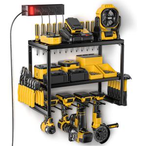 Power Tool Organizer with 4 Cordless Drill Holder Wall Mount, Garage Organization with Charging Station, Heavy Duty Shelving Tool Rack for Tool Battery/Workshop/Pegboard/Shed, Men's Gift