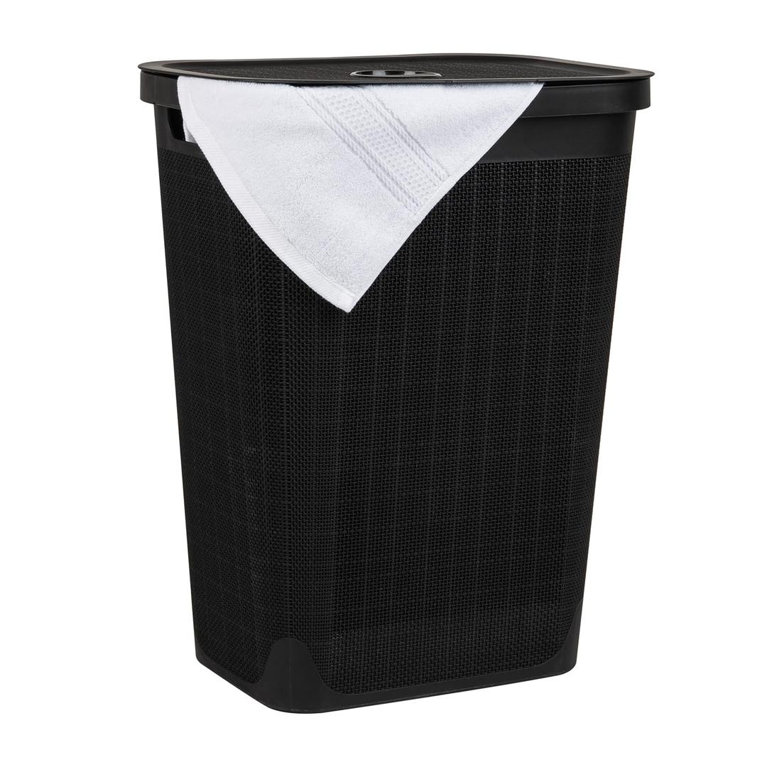 Mind Reader 60L Slim Laundry Hamper, Clothes Basket, Lid, Linen Design, Plastic, Black