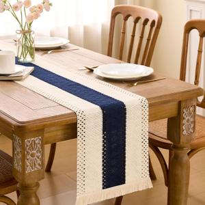 SITUMEIZI Blue Macrame Boho Table Runner with Tassels Woven Rustic Farmhouse Table Runner for Kitchen Dining 95 Inches