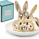 Bunny Ceramic Rabbit Jewelry Holder Dish - Trinket Tray for Rings, Earrings, Necklace Organizer, Wedding Engagement Ring Holder (Golden)