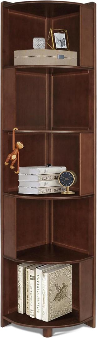 DOUSY-5 Tier Bamboo Corner Shelf, Mid Century Modern Corner Bookshelf, 69" Tall Stylish Bookcase Display Rack Plant Stand for Living Room, Bedroom, Home Office, Kitchen, Walnut
