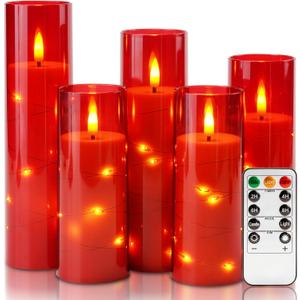 Homemory Acrylic Flameless Candles with Embedded Star String Fairy Lights, Battery Operated, LED Candles, Fake Candles with Remote Control and Timer, Red, Set of 5 (5pcs, D2.2"x H5"5"6"7"8")