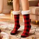 Slipper Socks for Women with Grippers, Fuzzy Christmas Socks Fluffy Cabin Cozy Winter Thick Warm Comfy Fleece Soft for Indoor Outdoor Room (One Size Wide, Red & Black Plaid)