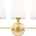 Bathroom Light Fixtures, 5 Light Brushed Gold Vanity Lights with Flared White Fabric Shade, 35 Inch Wall Sconce, Modern Sconces Wall Lighting for Hallway Bedroom, VL837-BG-5