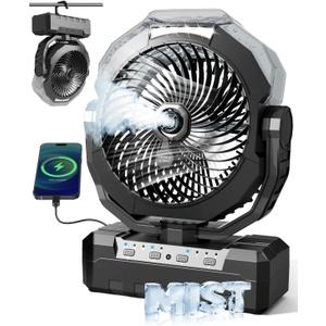 Portable Misting Fan, 36000mAh Rechargeable Battery Powered Camping Fan with 460ml Tank & 6.6ft Mist, 4 Speeds 2 Light Modes for Outdoor Patios Travel Jobsite Beach Summer Essentials - Black