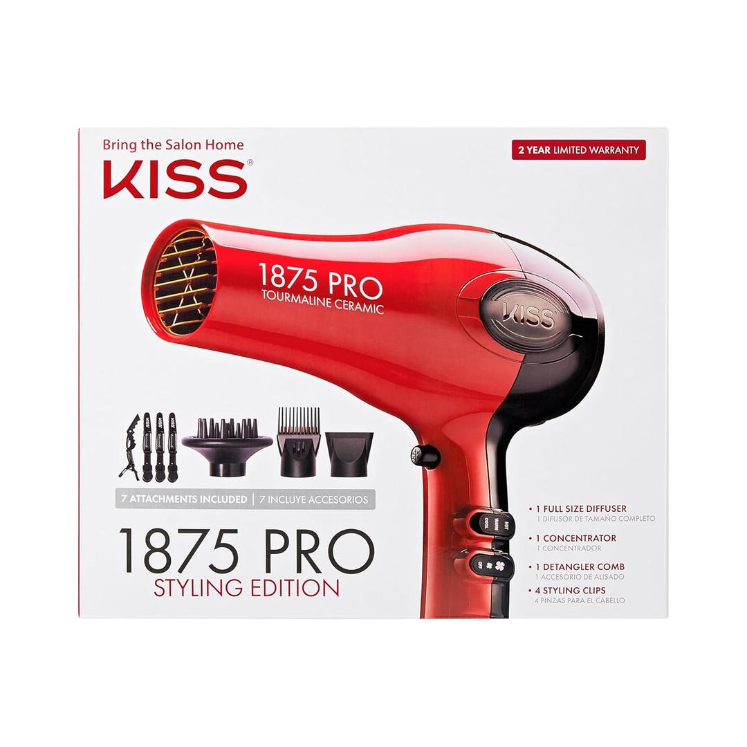 KISS 1875 Watt Pro Tourmaline Ceramic Hair Dryer, Styling Edition, 3 Heat Settings, 2 Speed Settings, Cool Shot Button, 7 Blow Dryer Accessories Included - Red