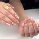 Almond Press on Nails Medium Fake Nails French Tip Acrylic Nails Golden Glitter Glue on Nails with Flower Rhinestones Pearls Lines Irregular Pattern Designs Light Pink Stick on Nails for Girls 24 Pcs