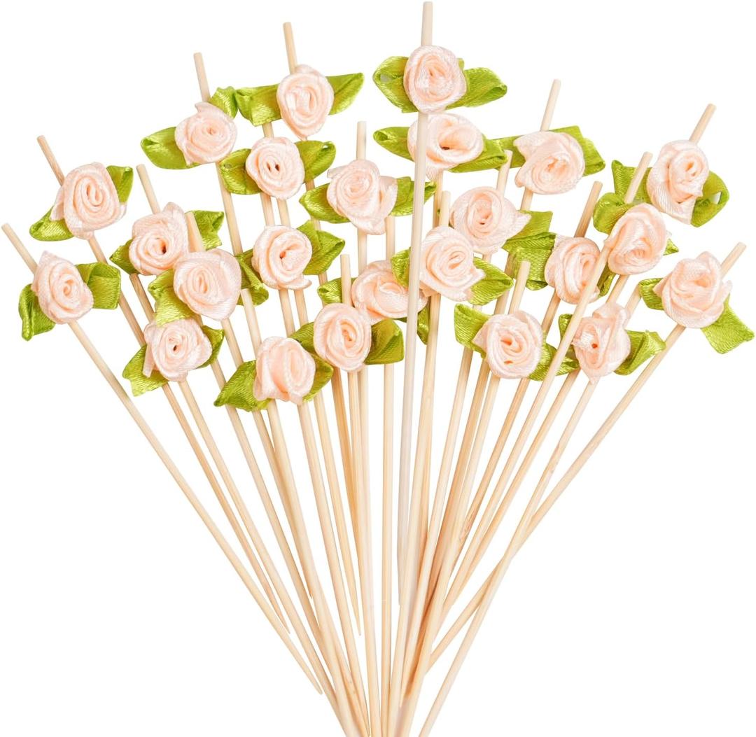 Rose Cocktail Picks - 100 Counts Cute Flower Long Toothpicks for Appetizers, Decorative Bamboo Sticks for Party Wedding, Fancy Mini Skewers for Food Fruit and Drinks (Pink)