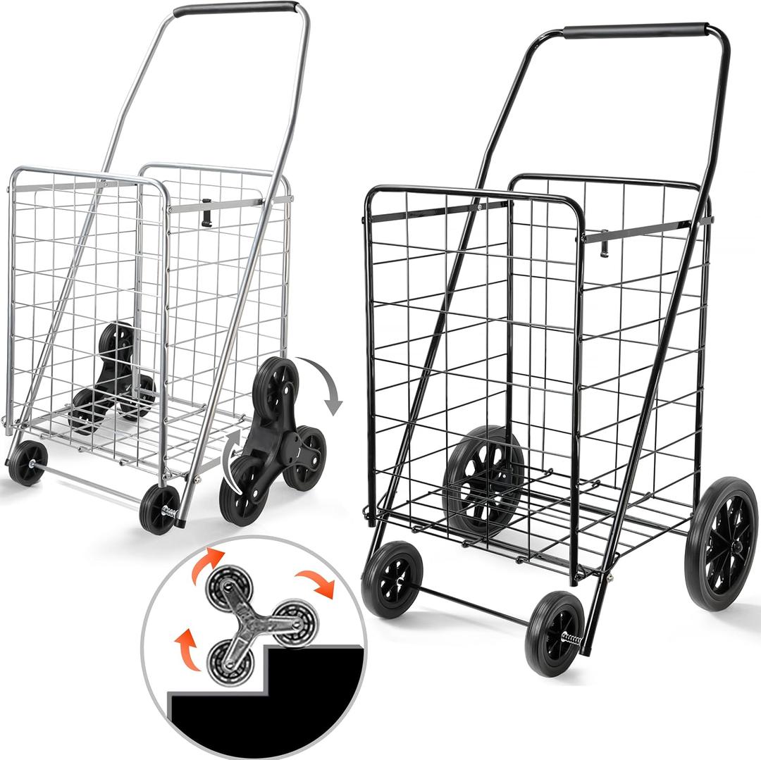 Wellmax 2-Pack Shopping Utility Cart with Stair Climber, Collapsible Folding Cart for Grocery, X-Large and Large (Black and Silver) Wellmax 2-Pack Shopping Utility Cart with Stair Climber, Collapsible Folding Cart for Grocery, X-Large and Large (Black and Silver)