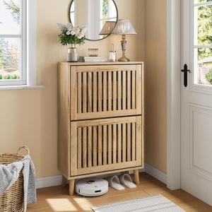 Shoe Cabinet with 2 Flip Slatted Drawers, Farmhouse Slim Shoe Organizer Rack with Golden Handles, Freestanding Hidden Entryway Storage for Hallway, Natural Oak