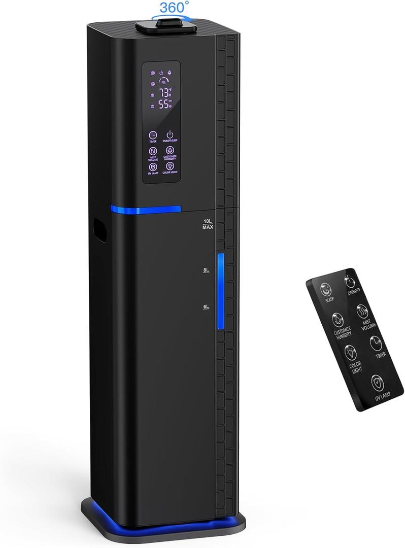 10L/2.64Gal Humidifier, Top Fill Quiet Ultrasonic Cool Mist Humidifiers for Bedroom, Covers 550ft, 60H Runtime, 24H Timer, 3 Mist Modes Humidifier Large Room, Home, Office, Plants, Black