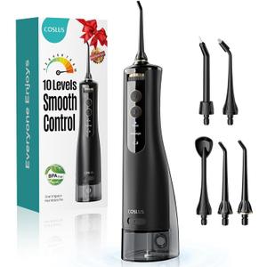 COSLUS E40 Portable Water Flosser for Teeth: 10 Pressure Settings Professional Water Dental Pick for Orthodontic, Braces & Sensitive Gums - Cordless for Travel Use, for Adults Teens, BPA-Free