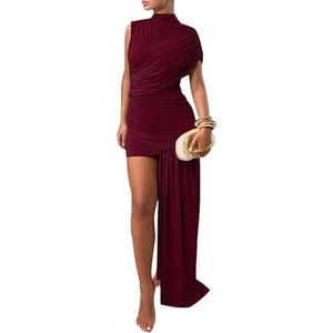 Kwunbwa Women's Sleeveless Ruched Maxi Dress Sexy Irregular Bodycon Casual Elegant Club Party Cocktail Long Dresses, Wine XL