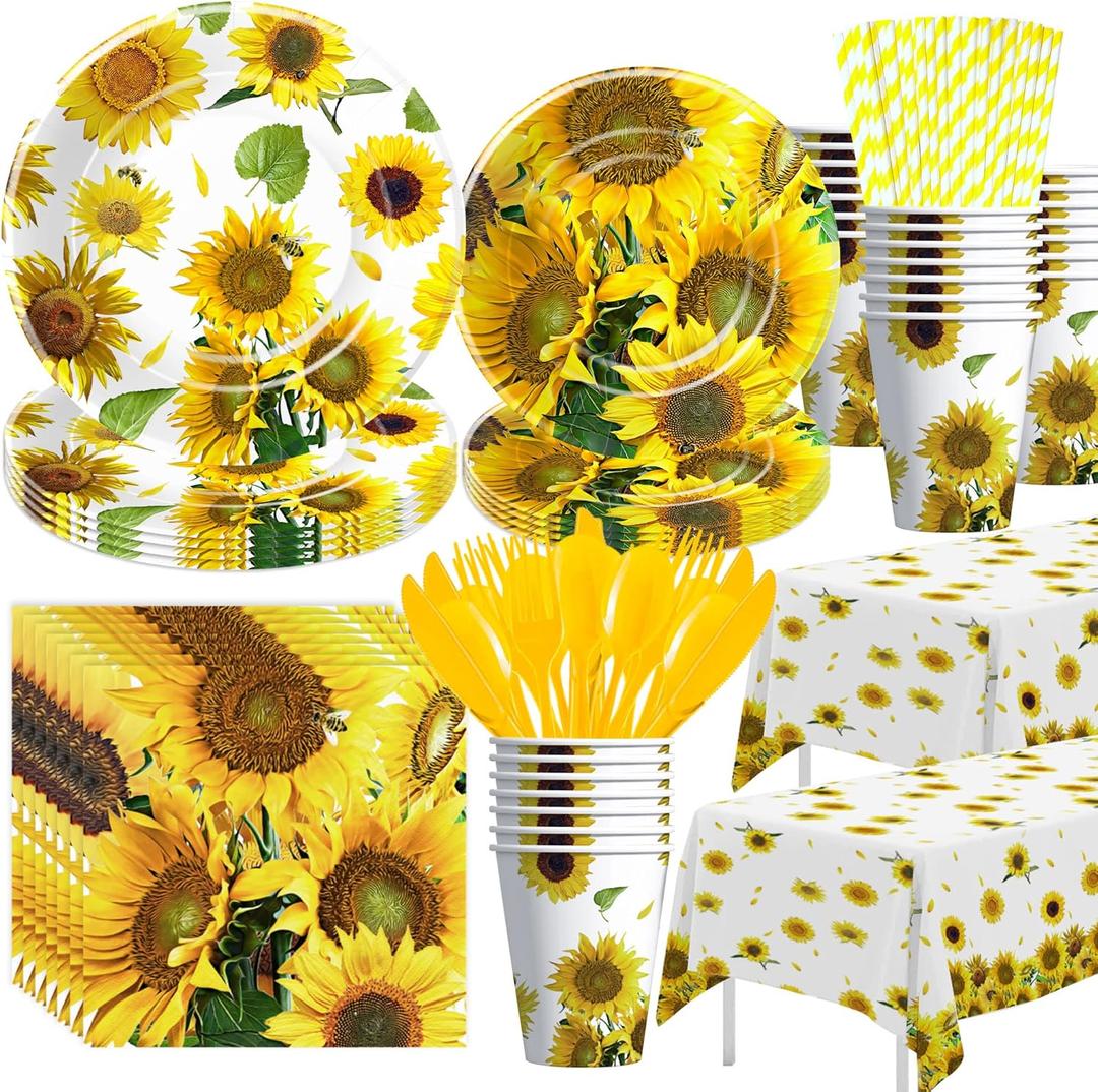 APOWBLS Sunflower Party Decorations Dinnerware, Sunflower Party Supplies For Birthday, Baby Shower, Bridal Shower, Plate, Cup, Napkin, Tablecloth, Cutlery, Straw, Sunflower Table Decorations, Serve 24
