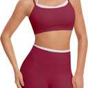 OMKAGI Workout Sets for Women Cute Doubel Layer Open Back Sports Bras Gym Shorts Outfits(XS, 531-Burgundy)