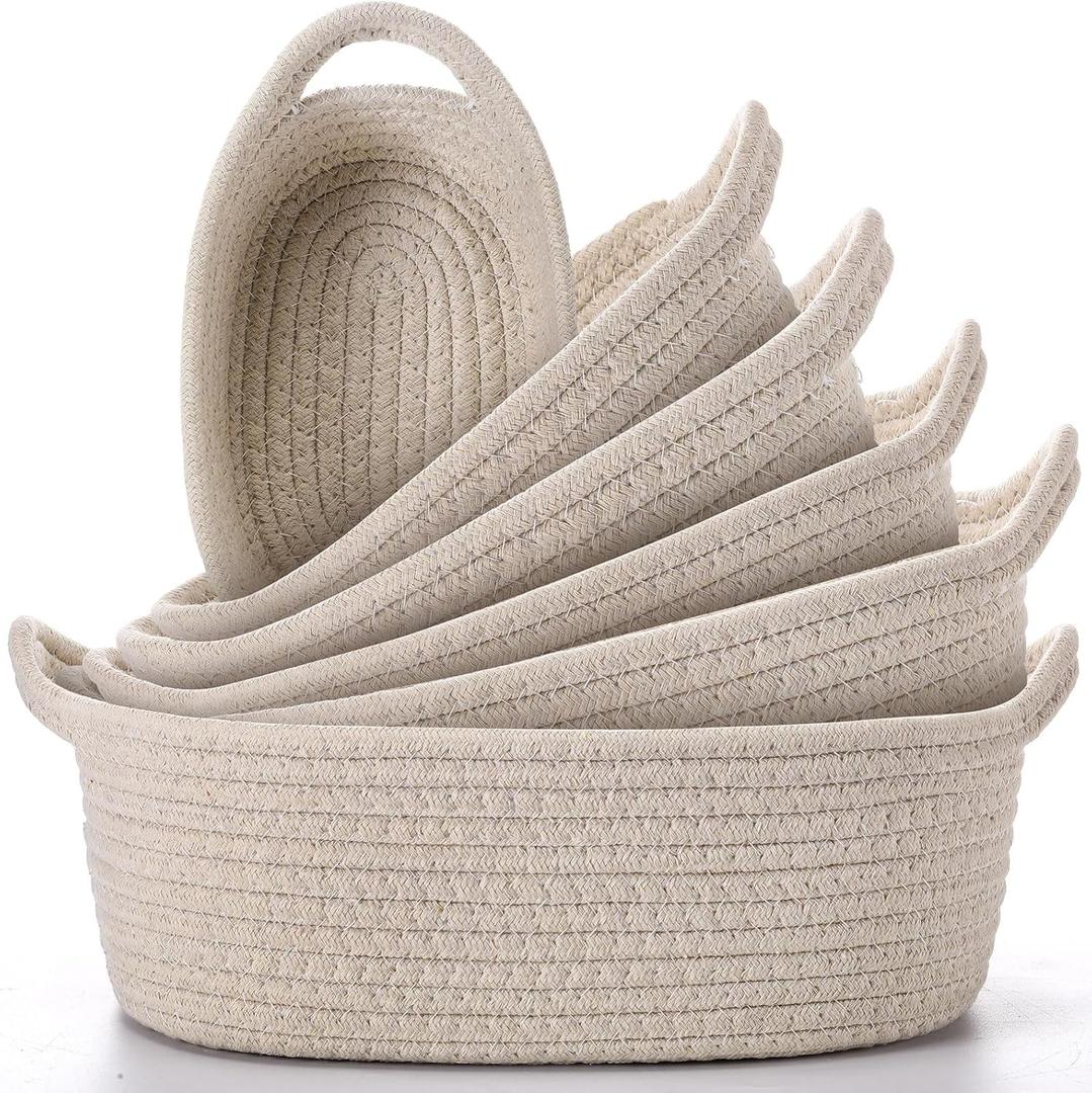 Zopeal 6 Piece Oval Storage Basket Set, Cotton Rope Woven Basket with Handle, Gift Basket, Toy Basket, Soft Baby Basket for Nursery, Cat Dog Toy Baskets, Multi Use Baskets for Home Office (Beige)
