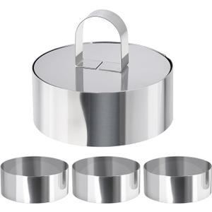 HULISEN Round Cake Ring Mold, Stainless Steel 4" Cooking Crumpet Rings with 1 Pusher & 4 Food Form, Tuna Tartare Mold for Pancake, Salad, Mousse