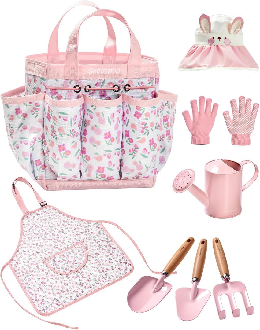 Kids Gardening Tool Set Toys - 8 Pieces Quality Garden Kit for Toddlers & Kids with Shovels, Rake, Watering Can, Hat, Apron, Gloves & Storage Bag (Pink Flower)