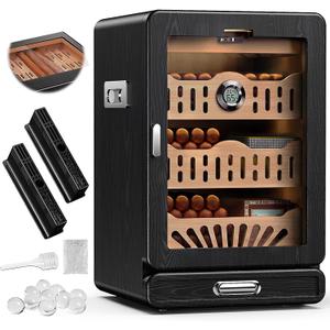 Cigar Humidor, Glass top Tabletop Cigar Humidor Cabinet Draw Pattern Spanish Cedar Tray, Accessories Drawer, 2 Standing Gel Humidifiers1 Digital Hygrometer, for MenBlack