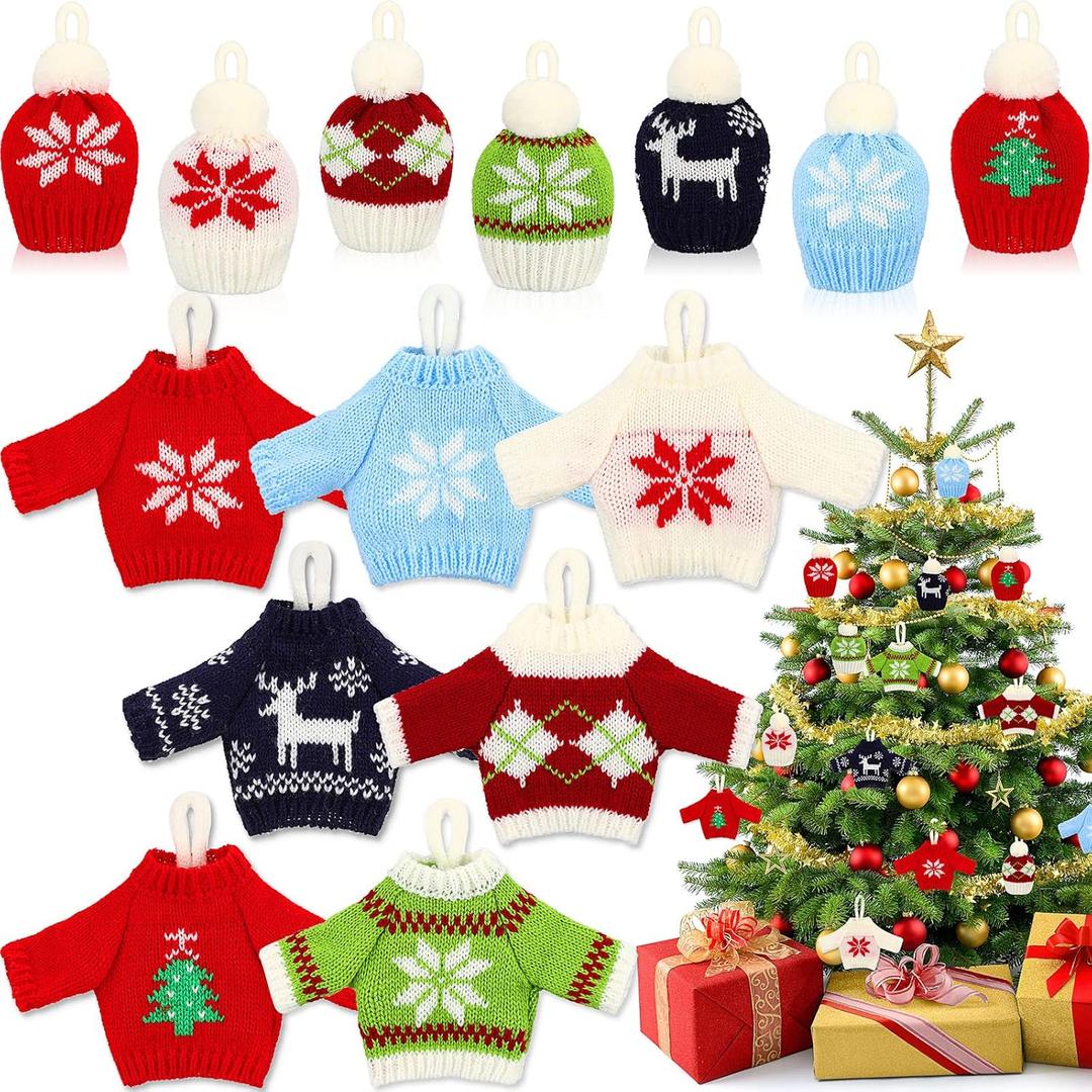 Harrycle 14 Pieces Ugly Sweater Ornaments for Christmas Tree Ugly Sweater Knitting Crochet Christmas Ornaments Party Decoration Snowflake Reindeer Mini Hats Knit Hanging Sign for DIY Holiday Xmas