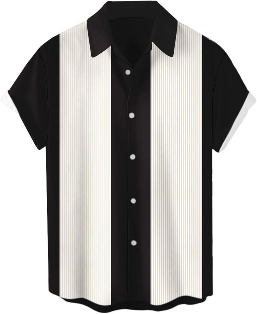 Men's Short Sleeve Button Up Hawaiian Shirt 1950s Vintage Bowling Shirts (Black, XXL)