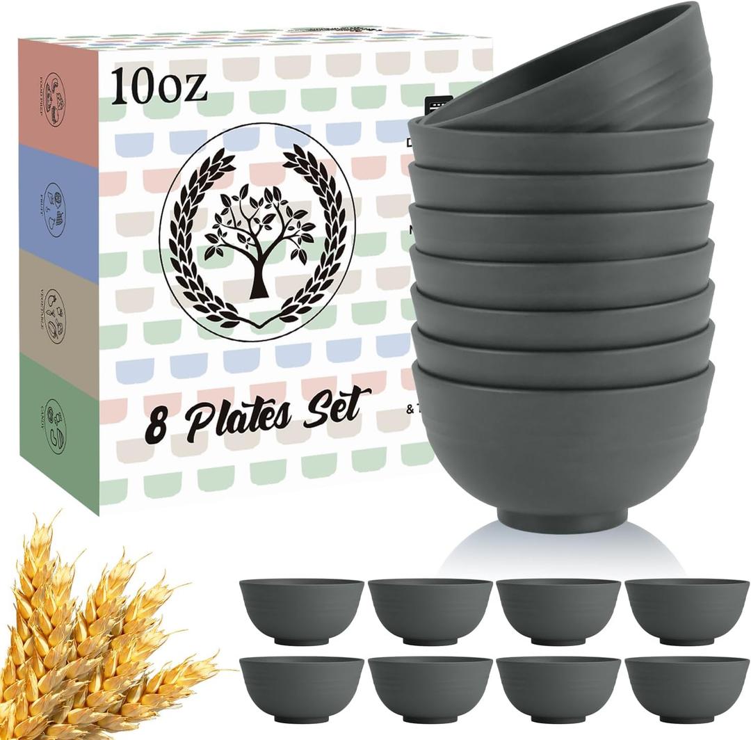 Homienly Wheat Straw Small Bowls, Dessert Bowls for Kitchen, Camping, Party, Unbreakable Mini Bowl Set of 8, 10 OZ Microwave and Dishwasher Safe Appetizer Bowl,Yogurt Bowls Set (Dark Grey)