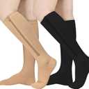 Athbavib 2 Pairs Zipper Compression Socks, 15-20 mmHg Closed Toe Compression Stocking with Zipper for Women and Men Size S/M