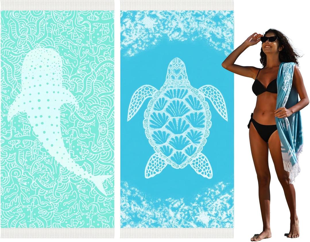 Thin Turkish Beach Towel Lightweight Quick Dry Absorbent Cotton Bathroom Bath Pool Swim Towels Extra Large Oversized Sand Free Beach Accessories Essentials Cloud Gifts for Adult (X-Large(79 x 36 inches,200 x 90 cm), 2 Pack Blue Turtle Aqua Whale)