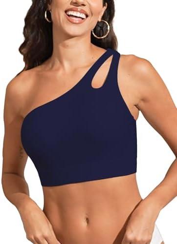 Aderea Womens Bikini Tops Push Up Bathing Suit Top One Shoulder Swimsuit Tops Full Coverage Swim Top Only Size Extra Large, Navy Blue 