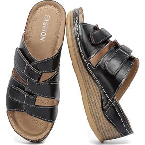 Womens Wedge Sandals Leather, Comfortable Slip On Slides Dressy, Orthopedic Sandals for Women, Open Toe Casua Arch Support Platform ladies Sandal Chunky Shoes (8.5, Black)