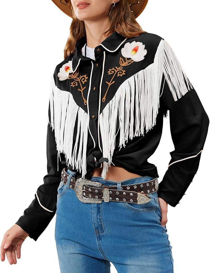 JOHN MOON Women's Floral Embroidered Fringe Western Shirts Rodeo Cowgirl Button Down Blouse Tops Country Style Outfits L