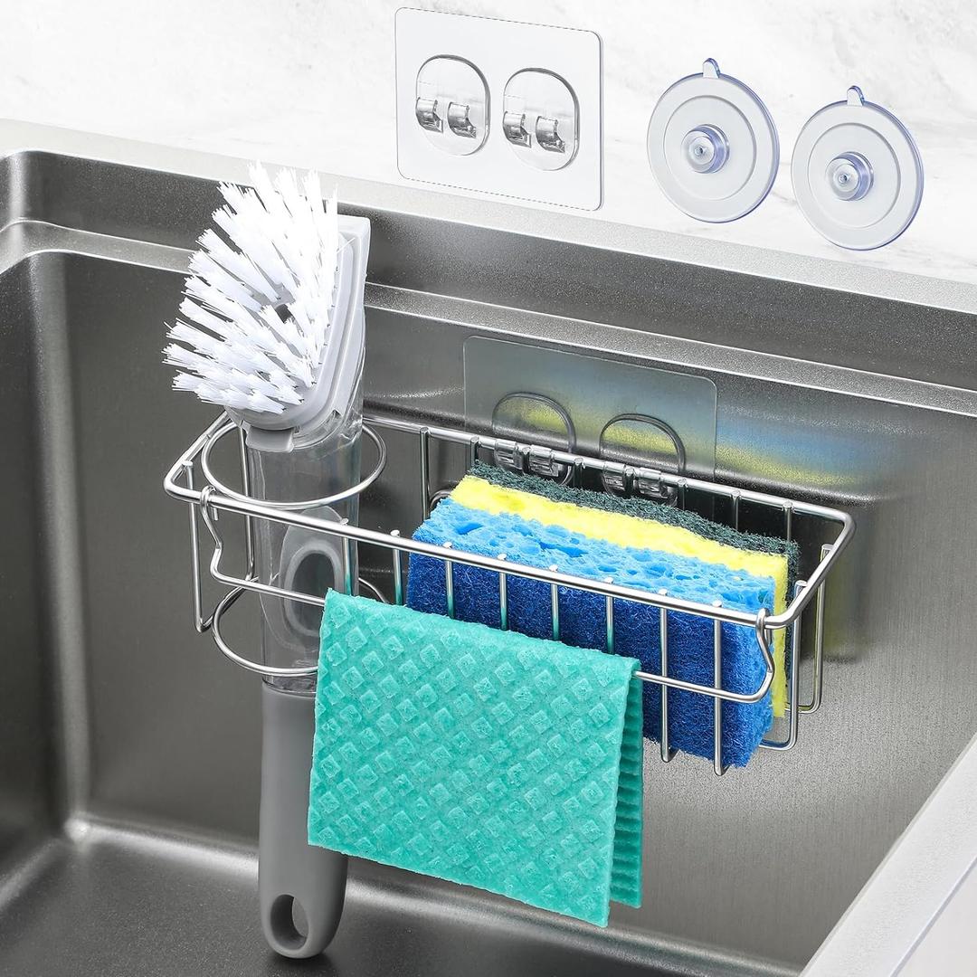 3-In-1 Sponge Holder for Kitchen Sink with Suction Cups & Adhesive Hook , In-sink Sponge Holder, Wall Hanging Sink Caddy Organizer Rack - Sponge, Dish Cloth, Brush, Scrubber - 304 Stainless Steel (Silver)