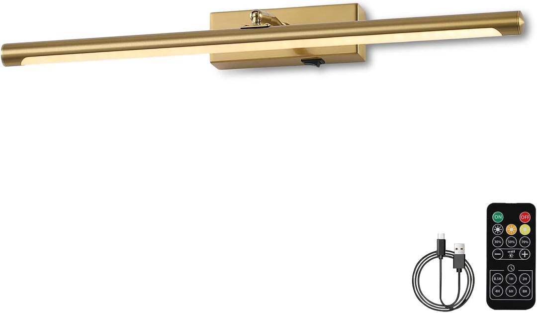 Picture Light for Wall Battery Operated, 20" Rechargeable Art Light with Remote and Timer for Painting, 9000mAh Wireless Wall Light for Display, Artwork, Portrait, Gallery, Gold