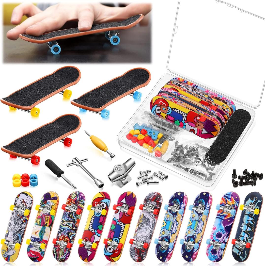 Civaner 10 Pack DIY Kids Finger Skateboard Set with Box and Replacement Accessories, Mini Collectible Fingerboard, Finger Toy Kit, School Gifts for Kids Children Finger Skater