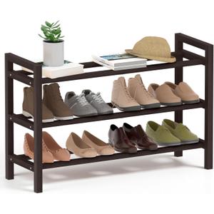 Haddockway Bamboo Shoe Rack for Closet, Free Standing Shoe Organizer with Smooth Round Rods & Convenient Handles, Stackable Shoe Storage Shelf for Entryway, Hallway(Brown, 3-Tier)