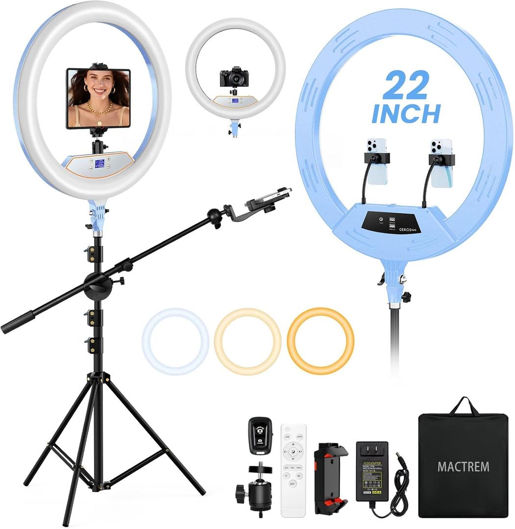 Ring Light 22inch Kit: Ring Light Tripod for iPhone ipad, with 75" Tripod/LCD Display/2 USB Ports Overhead Phone Mount for Video Recording, Zoom Meeting,YouTube,TikTok (Blue)