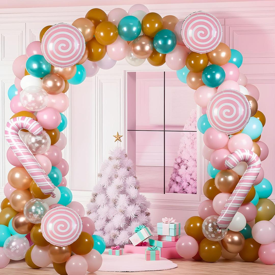 Christmas Gingerbread Balloon Arch Garland Kit, Xmas Pink Green Balloons with Foil Balloons for Christmas Party Decorations Xmas New Year Birthday Party Supplies