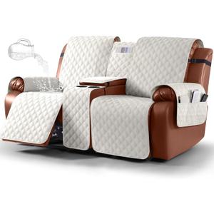 Ruaozz Waterproof Loveseat Recliner Cover with Console Non-Slip Reclining Couch Covers Split Sofa Slipcovers with Elastic Straps Furniture Protector for Kids, Dogs, Pets (Beige,2 Seater)