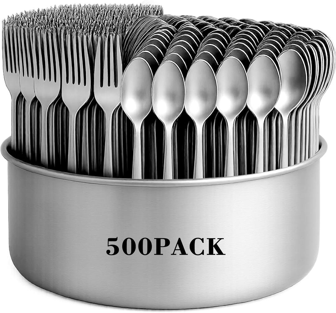 Nuenen 500 Pcs Forks and Spoons Silverware Set for 250 Stainless Steel Flatware Cutlery Set Forks and Spoons Bulk Silverware Utensil for Kitchen Restaurant Home Dinner, Mirror Polished Dishwasher Safe