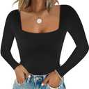 Chunpin Women's Sexy Square Neck Long Sleeve Bodysuit Tops Double Lined shirt Stretchy Basic Going out Thong Body suit Black S