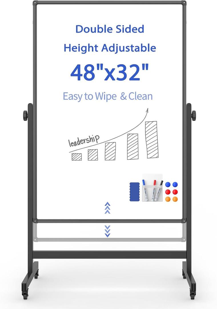 Rolling Whiteboard on Wheels, Double-Sided Magnetic Dry Erase Board with Stand, Mobile White Board for Office, Classroom, Home (32" x 48")