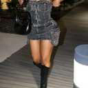 Women's Sexy 2 Piece Denim Outfits Off Shoulder Strapless Buttons Tops and Mini Cargo Skirts Club Sets (Black, S)