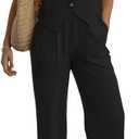 Women's 2 Piece Outfits Linen Vest Waistcoat Dressy Casual Sets Wide Leg Pants Suits (Black) Small 