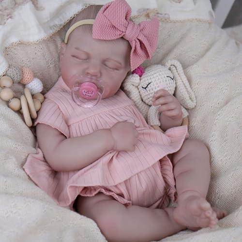 EKOKIZ Realistic Baby Doll, 20-Inch Reborn Baby Doll Girls Soft Cloth Body Newborn Dolls That Look Real, Lovely & Pretty Lifelike Doll with Pink Dress and Toy Accessories for Kids Age 3+